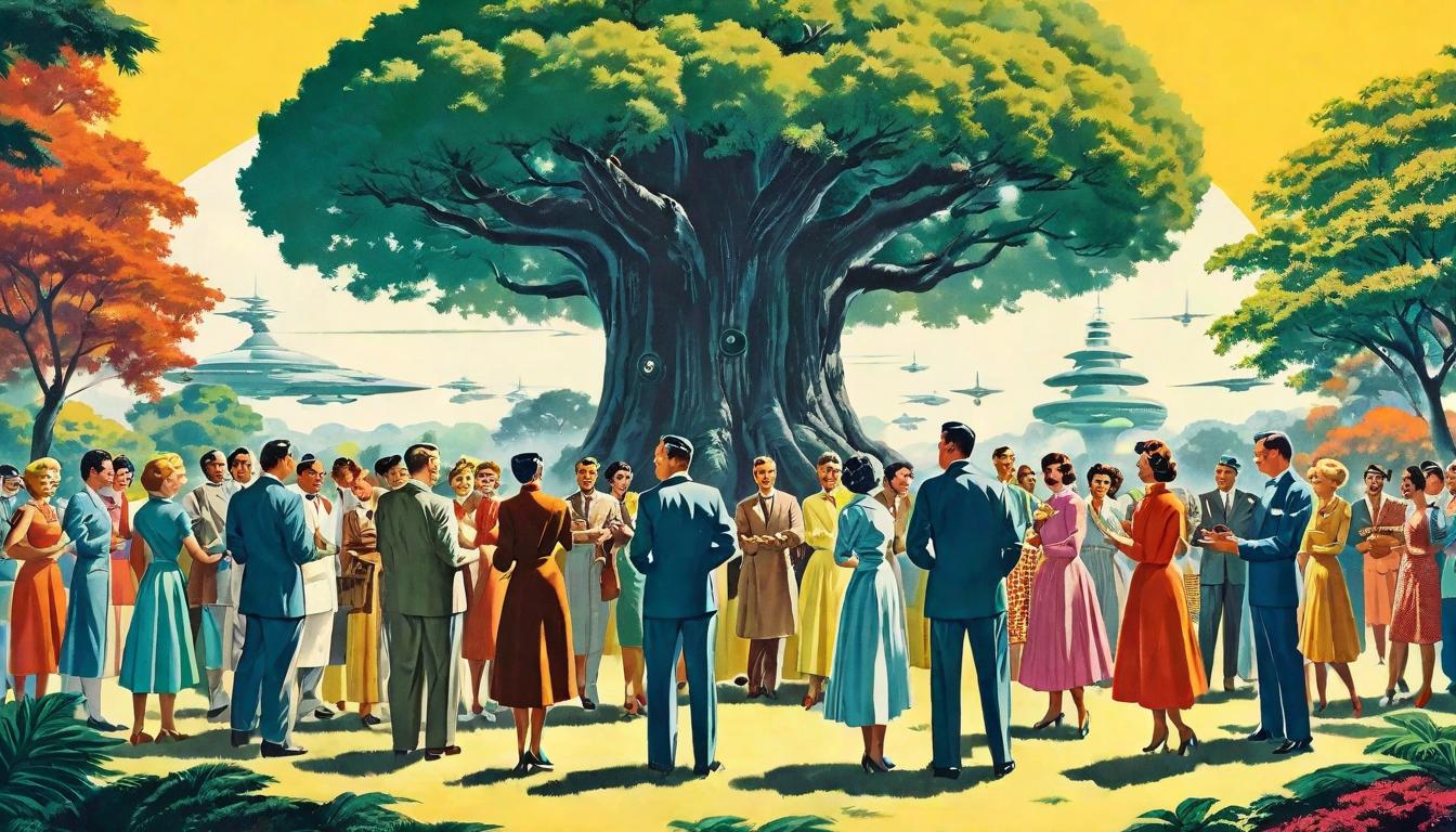  retro futuristic A group of people from various cultural backgrounds joining hands in a circle, outdoors under a grand tree. The spirit of togetherness is palpable, reinforcing unity amidst diversity. Circle of unity, roots of togetherness, biodiversity's embrace. lvintage sci fi, 50s and 60s style, atomic age, vibrant, highly detailed