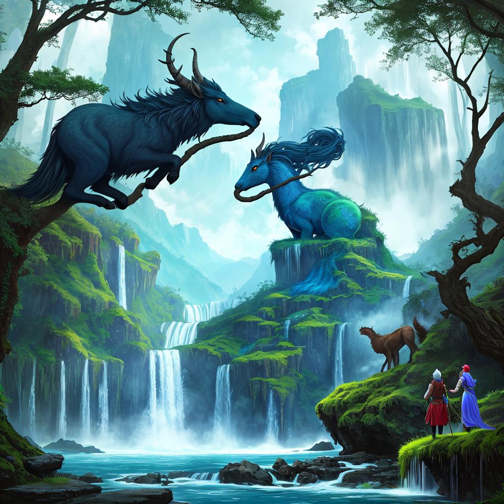  in a fantasy setting, Paint a surreal landscape where mythical beasts roam amidst cascading waterfalls.