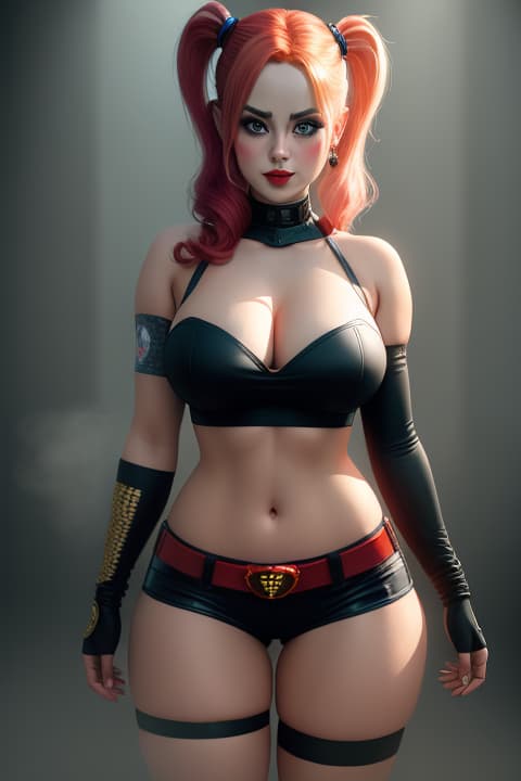  Harley Quinn with huge and perfect body in, 1girl,, detailed eyes, hyperrealistic, full body, highly detailed, cinematic lighting, intricate, sharp focus, f/1. 8, 85mm, (centered image composition), (professionally color graded), ((bright soft diffused light)), volumetric fog, trending on instagram, HDR 4K, 8K