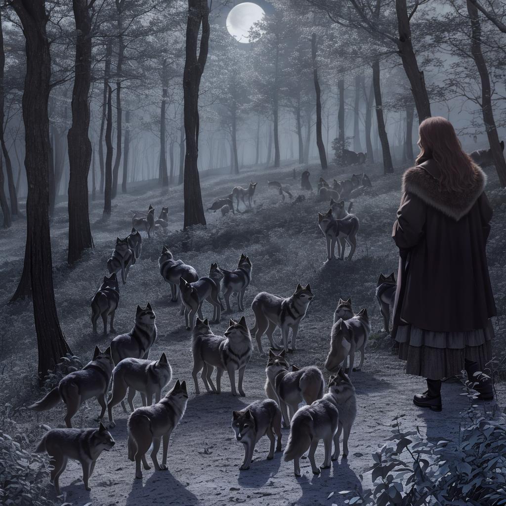  masterpiece, best quality, Six women and several wolves in a dark mysterious forest with moonlight and mist