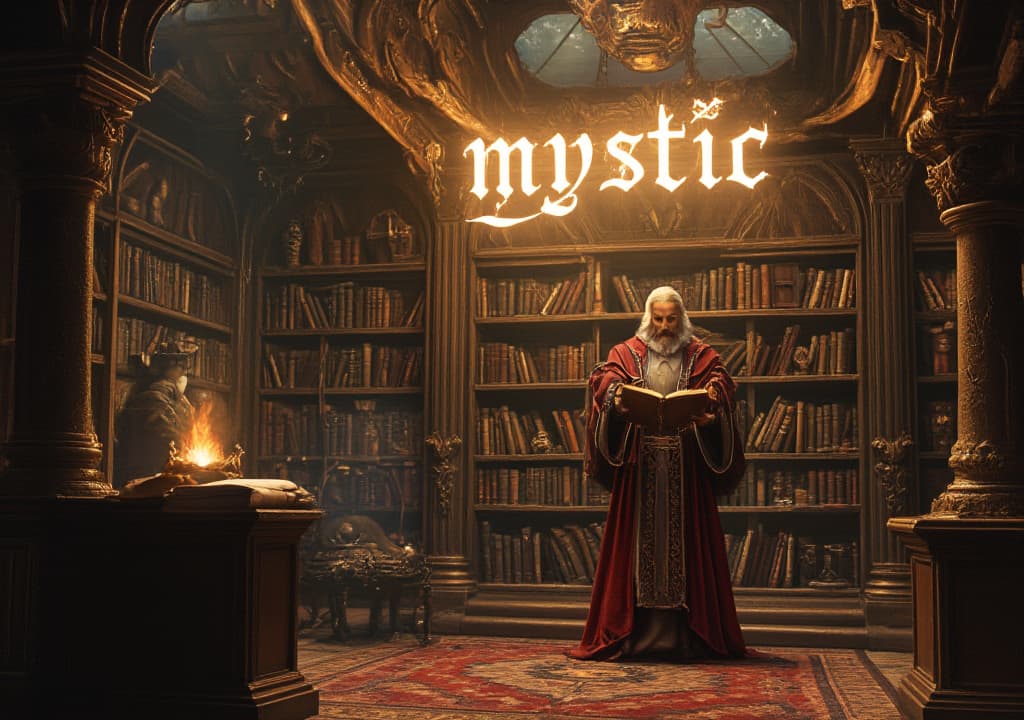  good quality, high quality, a grand, ancient library filled with arcane books and glowing artifacts, where a powerful mage recites an incantation. the word 'mystic' appears in luminous, arcane script among the shelves, rendered in a detailed photorealistic style that emphasizes the rich textures of the library and the mage’s elaborate robes.