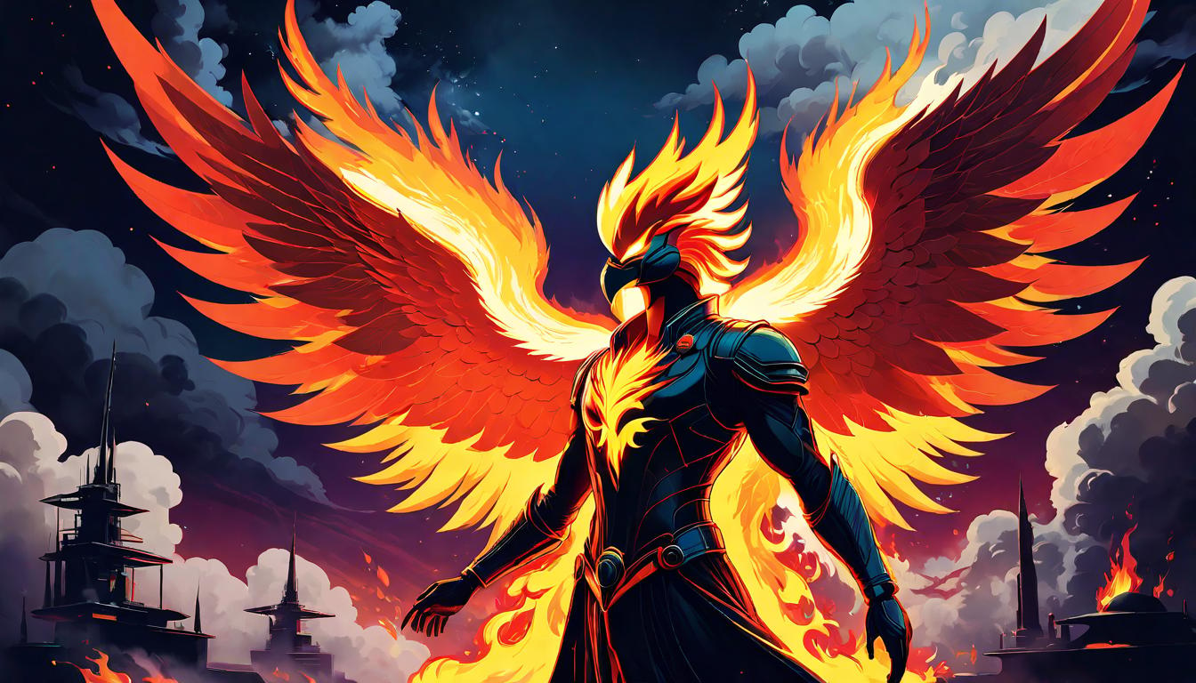  retro futuristic A phoenix rising from ashes against a dark sky, symbolizing rebirth and essential roles. Mood: rebirth, essential. Style: flames and smoke, silhouette of rebirth. lvintage sci fi, 50s and 60s style, atomic age, vibrant, highly detailed