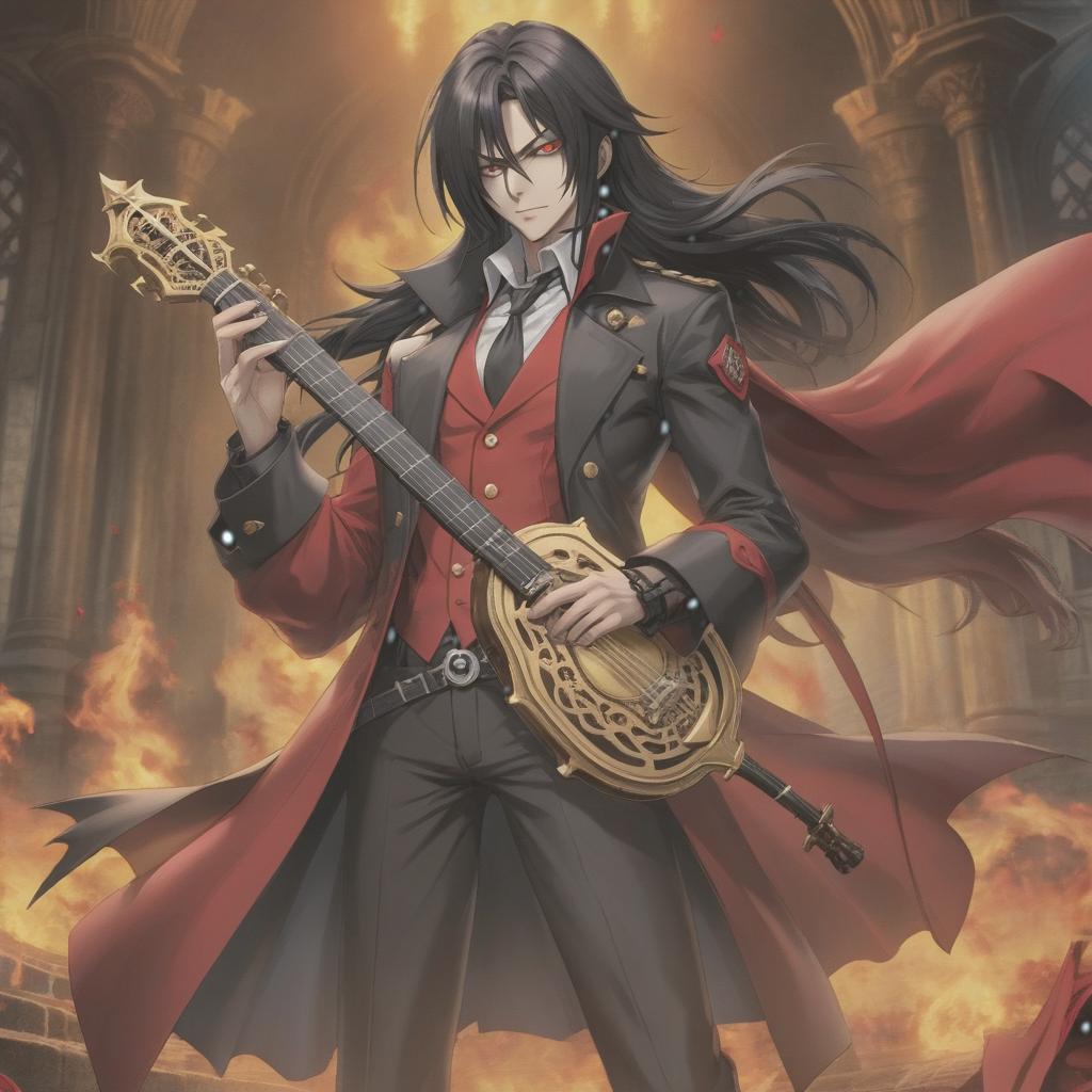  Alucard from Hellsing with black hair and with lute hyperrealistic, full body, detailed clothing, highly detailed, cinematic lighting, stunningly beautiful, intricate, sharp focus, f/1. 8, 85mm, (centered image composition), (professionally color graded), ((bright soft diffused light)), volumetric fog, trending on instagram, trending on tumblr, HDR 4K, 8K