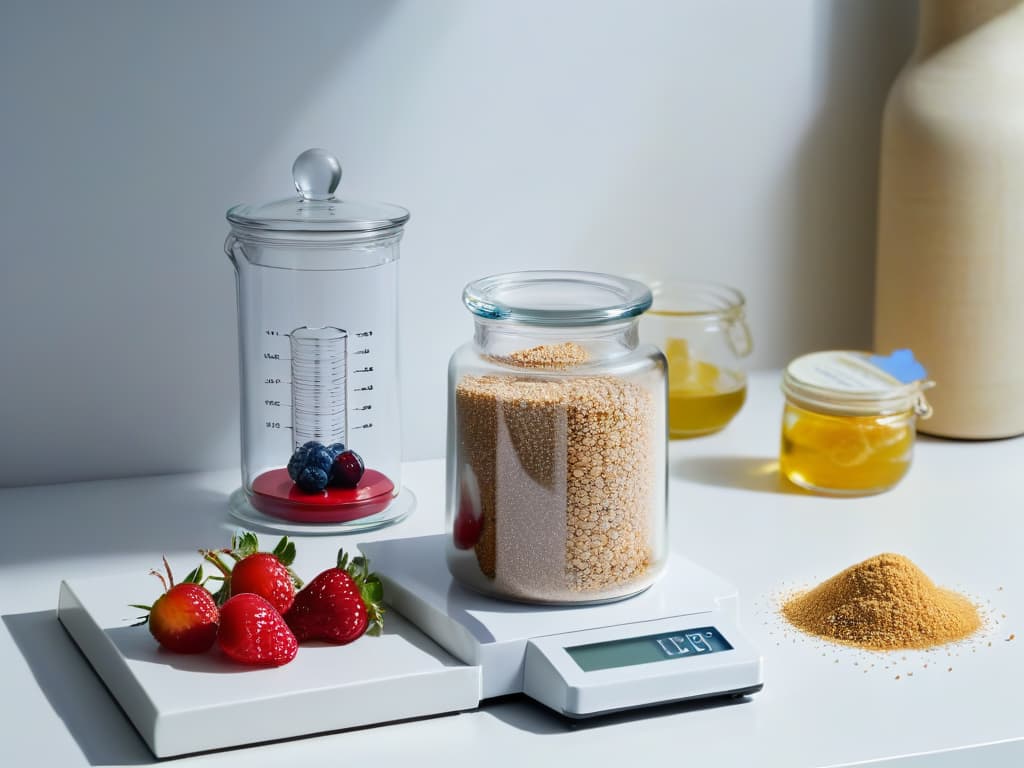  An 8k ultradetailed image of a pristine white kitchen countertop with a sleek glass jar filled with eritritol crystals, a scattering of fresh ripe berries, a stack of recipe books labeled "Healthy Baking", and a modern digital kitchen scale displaying the precise measurement of eritritol. The lighting is soft and natural, casting gentle shadows that highlight the textures and details of each item, creating a serene and inviting scene for the viewer. hyperrealistic, full body, detailed clothing, highly detailed, cinematic lighting, stunningly beautiful, intricate, sharp focus, f/1. 8, 85mm, (centered image composition), (professionally color graded), ((bright soft diffused light)), volumetric fog, trending on instagram, trending on tumblr, HDR 4K, 8K