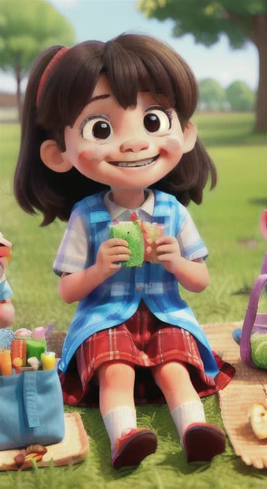  {Kids sitting around a picnic blanket, enjoying juice boxes and snacks., Children happily eating snacks, with crumbs on their faces and big smiles.