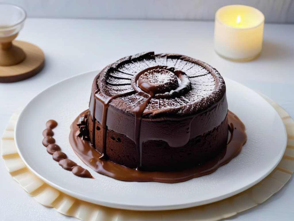  A closeup, ultradetailed image of a rich, decadent chocolate lava cake being gently sliced open with gooey, molten chocolate oozing out onto a pristine white plate. The cake is perfectly cooked, with a golden crust that shimmers under the warm glow of a focused spotlight, highlighting the intricate swirls of the dessert's texture. The chocolate lava flows elegantly, creating a mesmerizing ripple effect as it cascades onto the plate, inviting the viewer to savor the moment of indulgence. hyperrealistic, full body, detailed clothing, highly detailed, cinematic lighting, stunningly beautiful, intricate, sharp focus, f/1. 8, 85mm, (centered image composition), (professionally color graded), ((bright soft diffused light)), volumetric fog, trending on instagram, trending on tumblr, HDR 4K, 8K