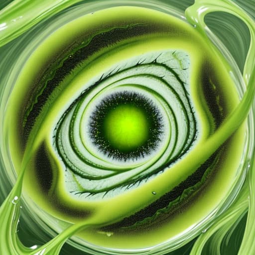  Dynamic visual image of green tea grains colliding with flowing milk,