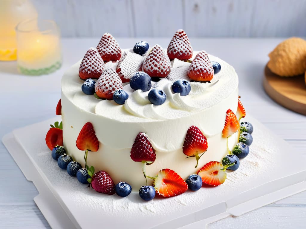  A closeup, highresolution image of a beautifully decorated glutenfree cake with layers of vibrant fresh fruits like strawberries, blueberries, and raspberries on top. The cake is elegantly garnished with mint leaves and a dusting of powdered sugar, displayed on a sleek, modern white serving platter, set against a soft, blurred background to enhance the focus on the intricate details of the dessert. hyperrealistic, full body, detailed clothing, highly detailed, cinematic lighting, stunningly beautiful, intricate, sharp focus, f/1. 8, 85mm, (centered image composition), (professionally color graded), ((bright soft diffused light)), volumetric fog, trending on instagram, trending on tumblr, HDR 4K, 8K