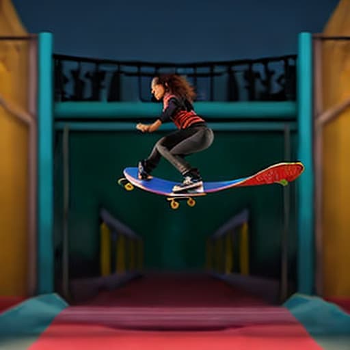  A high resolution digital painting of a female skateboarder performing a kickflip, vibrant colors, dynamic motion, urban background, cinematic lighting, inspired by street art, style Digital painting, advanced detail processing