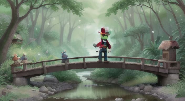  {The explorer crossing a bridge over a sparkling stream, with birds chirping in the background., The explorer's red hat is slightly tilted to one side from their journey.