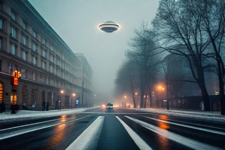  UFOs on the streets of Russian cities hyperrealistic, full body, detailed clothing, highly detailed, cinematic lighting, stunningly beautiful, intricate, sharp focus, f/1. 8, 85mm, (centered image composition), (professionally color graded), ((bright soft diffused light)), volumetric fog, trending on instagram, trending on tumblr, HDR 4K, 8K