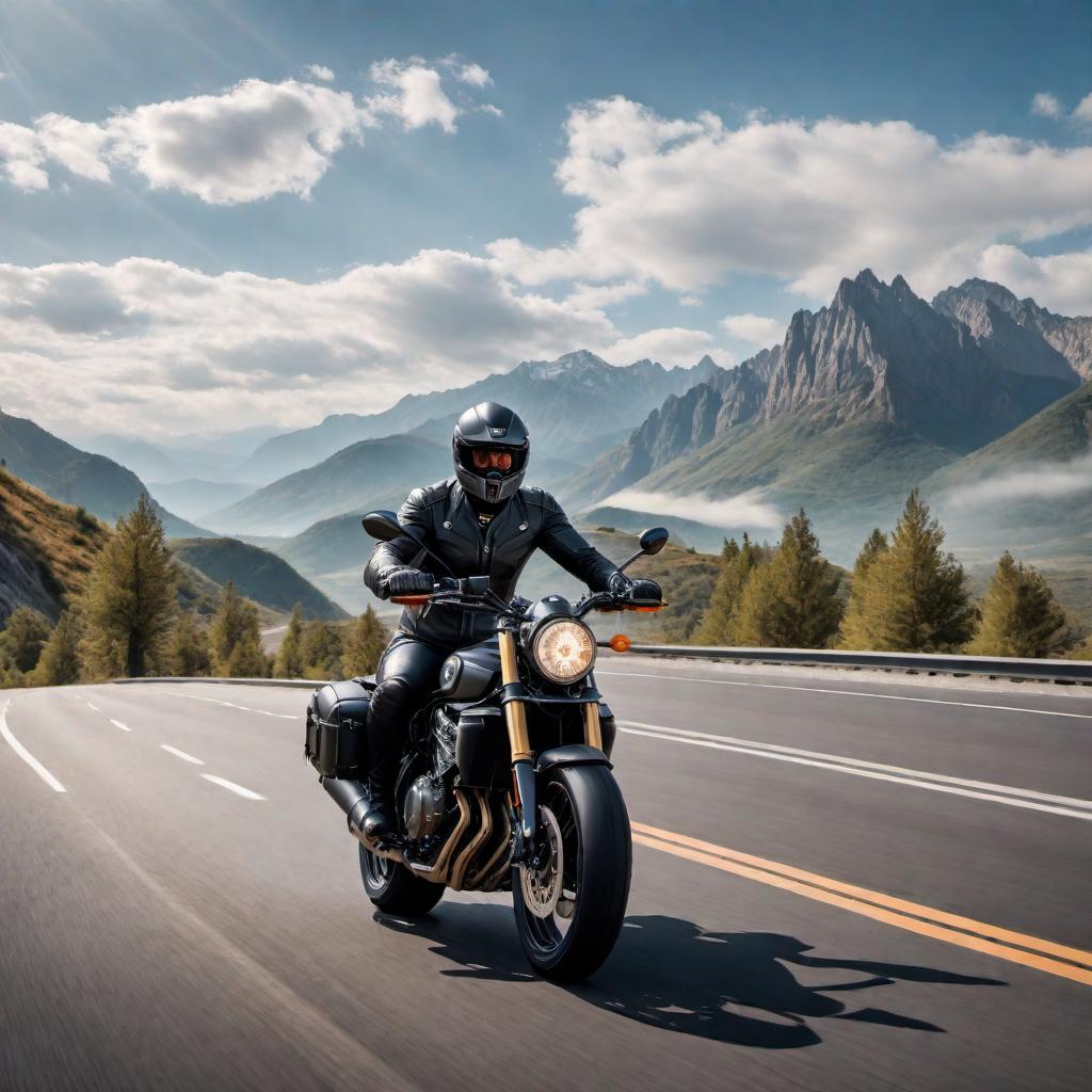  A person riding a motorcycle and performing wheelies in an open road setting with scenic background of mountains in the distance. hyperrealistic, full body, detailed clothing, highly detailed, cinematic lighting, stunningly beautiful, intricate, sharp focus, f/1. 8, 85mm, (centered image composition), (professionally color graded), ((bright soft diffused light)), volumetric fog, trending on instagram, trending on tumblr, HDR 4K, 8K