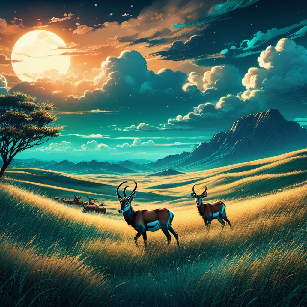  Grasslands with Tall Grass and Herds of Wild Antelope, clouds, vivid, highly detailed, anime style, hand-drawn, combined with digital art, night, whimsical, (enchanting atmosphere:1.1), warm lighting , depth of field, Wacom Cintiq, Adobe Photoshop, 300 DPI, (hdr:1.2), (teal and orange:0.5)