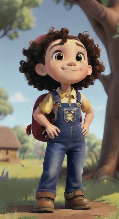  {Riley looking up at the tree with a big smile, animals surrounding them., Riley, a curious with big brown eyes and curly hair, wearing overalls and carrying a small backpack. Their friend, Skye, a bluebird with shiny feathers.