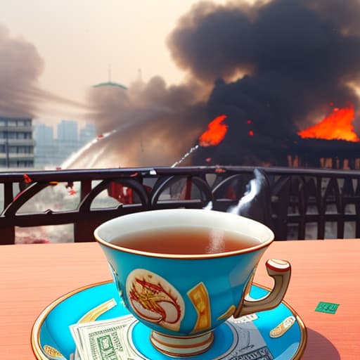  hand dipping currency note in tea cup and building burning in background