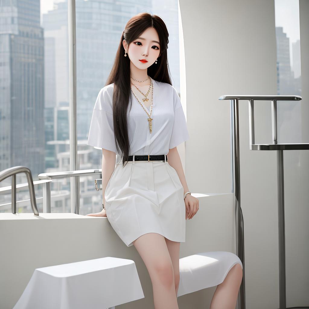  masterpiece, best quality, a woman in short and white shirt a ledge, her crossed, her crossed, 1 , blurred, blurred background, s, architecture, city, depth of field, jewelry, long hair, looking at audience, necklace, sitting, , solo, thigh high