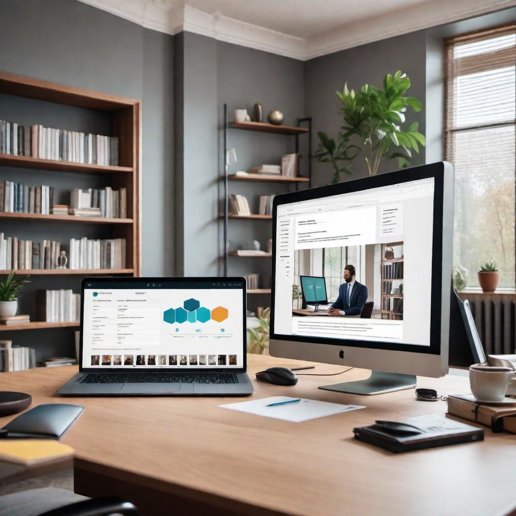  A remote online notary sitting at a desk with a computer, performing notarial acts digitally. The computer screen shows a secure digital platform with documents open for signature. The notary is interacting virtually with a client, who appears on the computer screen in a video call window. The scene includes digital tools like a digital signature pad, a coffee cup on the desk, and faint outlines of various documents scattered around. The setting has a professional yet homey feel, indicating a remote work environment. Behind the notary, there are bookshelves filled with books and a window showing a pleasant outdoor view. hyperrealistic, full body, detailed clothing, highly detailed, cinematic lighting, stunningly beautiful, intricate, sharp focus, f/1. 8, 85mm, (centered image composition), (professionally color graded), ((bright soft diffused light)), volumetric fog, trending on instagram, trending on tumblr, HDR 4K, 8K