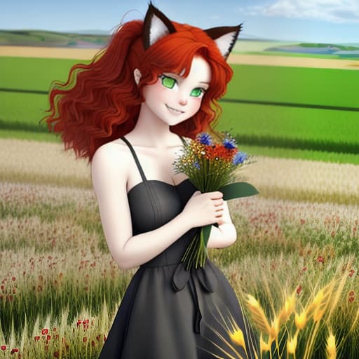  kitty Neko stands and holds a bouquet of wildflowers in her hands. the hair is red and white. The fluffy ears and tail are black. big green eyes. A sweet smile. There is a wheat field in the backgroun