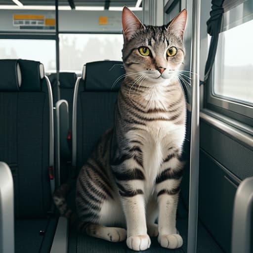  Realistic image of a cat wearing headphones and reading glasses while riding a bus. hyperrealistic, full body, detailed clothing, highly detailed, cinematic lighting, stunningly beautiful, intricate, sharp focus, f/1. 8, 85mm, (centered image composition), (professionally color graded), ((bright soft diffused light)), volumetric fog, trending on instagram, trending on tumblr, HDR 4K, 8K