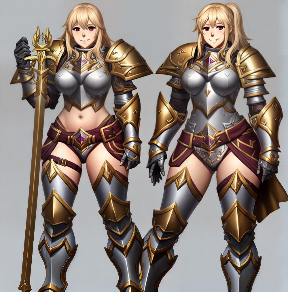  <lora:Roadi3-NAI-LyCORIS:0.8> a proud female paladin with some very healthy thighs wearing full armor, cross, pauldrons, gauntlets, gold_trim, simple background