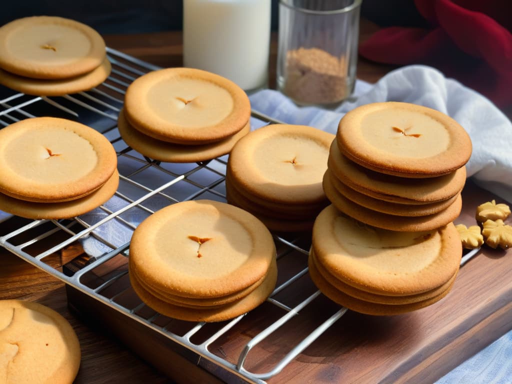  A closeup, ultradetailed image of goldenbrown galletas de jengibre caseras straight out of the oven, resting on a rustic wooden cooling rack. The cookies are perfectly round, slightly cracked on the edges, and emit steam, showcasing a tantalizing mix of ginger, cinnamon, and nutmeg spices. The soft natural light coming from a nearby window highlights the textures of the cookies, emphasizing a warm and inviting feel. hyperrealistic, full body, detailed clothing, highly detailed, cinematic lighting, stunningly beautiful, intricate, sharp focus, f/1. 8, 85mm, (centered image composition), (professionally color graded), ((bright soft diffused light)), volumetric fog, trending on instagram, trending on tumblr, HDR 4K, 8K