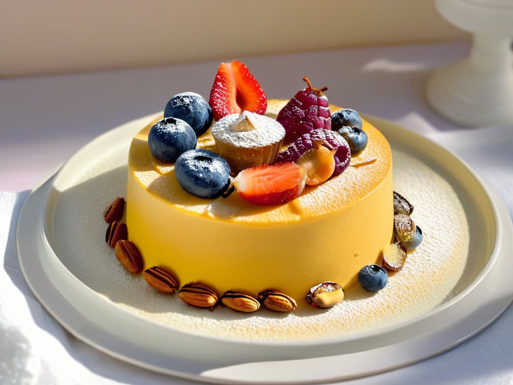  A highresolution, minimalist image of a beautifully decorated, guiltfree, healthy pastry displayed on a sleek, modern plate against a soft, blurred background. The pastry is intricately garnished with fresh fruits and nuts, showcasing a perfect balance of colors and textures, exuding an air of sophistication and indulgence while still being wholesome and nutritious. The lighting is soft, highlighting the details of the pastry and creating a warm, inviting atmosphere. hyperrealistic, full body, detailed clothing, highly detailed, cinematic lighting, stunningly beautiful, intricate, sharp focus, f/1. 8, 85mm, (centered image composition), (professionally color graded), ((bright soft diffused light)), volumetric fog, trending on instagram, trending on tumblr, HDR 4K, 8K