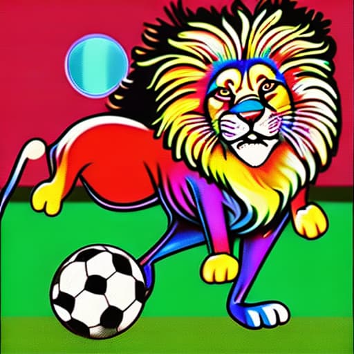  lion playing soccer and IBRO is written on his back and colorful