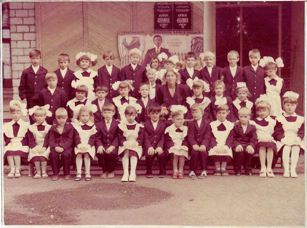  This photo was taken on September 1st 1986, exactly 128 days, or 4 months and 4 days, after the Chernobyl catastrophe took place. It captures my first day at in Gomel, Belarus. I had just turned that summer. In the photo, one can see my clmates and our teacher. Some are standing with their arms hanging beside their bodies, while others are seated on a low bench with their hands neatly placed on their . The students are arranged in three lines: 10 in the 3rd (top) back line, 9 in the 2nd (middle) line, and 13 in the 1st front line, totaling 32 students. There are 17 boys and 15 s, distinguished by the dress code. My friend Genadi is 4th from the right in the 3rd (top) line. I am seated in the very center of the