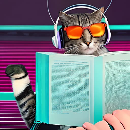 nvinkpunk Realistic image of a cat wearing headphones and reading glasses while riding a bus.