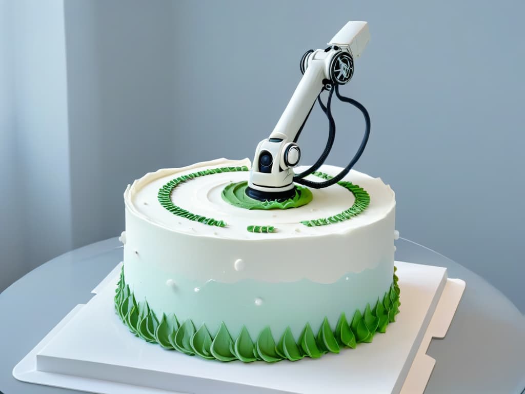  A sleek, minimalistic image of a stateoftheart robotic arm delicately piping intricate designs on a colorful and elaborate cake. The background is a clean, crisp white, enhancing the precision and sophistication of the robotic technology at work. The cake is adorned with an array of beautifully detailed frosting decorations, showcasing the fusion of robotics and traditional pastry artistry in the production process. hyperrealistic, full body, detailed clothing, highly detailed, cinematic lighting, stunningly beautiful, intricate, sharp focus, f/1. 8, 85mm, (centered image composition), (professionally color graded), ((bright soft diffused light)), volumetric fog, trending on instagram, trending on tumblr, HDR 4K, 8K