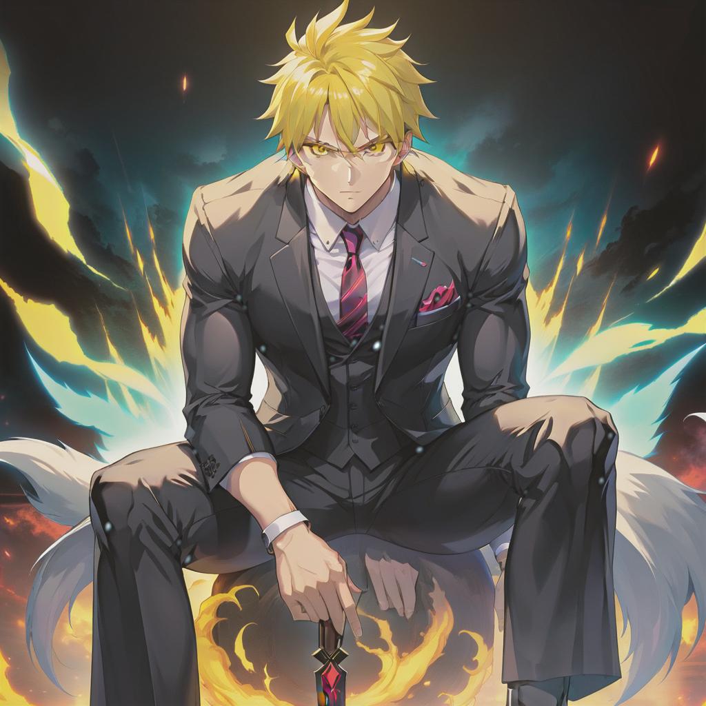  anime artwork A man in a suit, yellow eyes, a demonic tail. Looks like a person. Sitting. Of full height. Muscular. . anime style, key visual, vibrant, studio anime, highly detailed hyperrealistic, full body, detailed clothing, highly detailed, cinematic lighting, stunningly beautiful, intricate, sharp focus, f/1. 8, 85mm, (centered image composition), (professionally color graded), ((bright soft diffused light)), volumetric fog, trending on instagram, trending on tumblr, HDR 4K, 8K