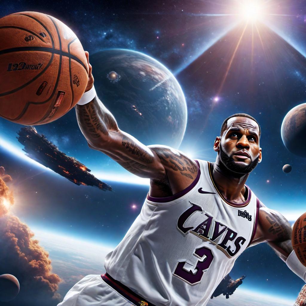  Create an image of LeBron James in space. He should be wearing a space suit with no helmet, showing his recognisable features. The background should depict the vastness of space, with stars, nebulae, and distant galaxies. LeBron should be floating in zero gravity, with a backdrop that might include a stylized basketball hoop floating somewhere in the scene to tie in his basketball career with the space theme. hyperrealistic, full body, detailed clothing, highly detailed, cinematic lighting, stunningly beautiful, intricate, sharp focus, f/1. 8, 85mm, (centered image composition), (professionally color graded), ((bright soft diffused light)), volumetric fog, trending on instagram, trending on tumblr, HDR 4K, 8K