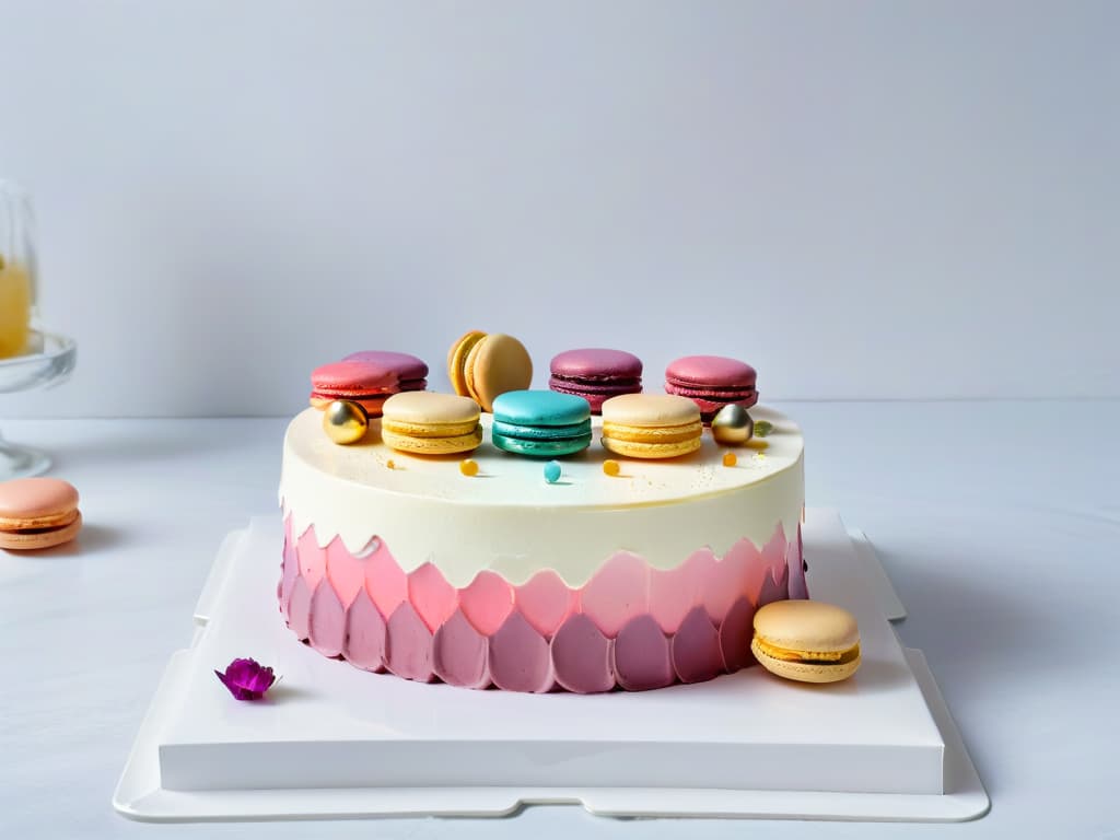  An intricately designed cake stand featuring a variety of unique and colorful macarons arranged in a visually appealing pattern. The macarons are delicately crafted with vibrant hues like magenta, teal, and gold, each exuding a glossy finish. The background is a soft, blurred pastel palette, enhancing the focus on the meticulous details of the macarons. The overall aesthetic is elegant and modern, perfect for inspiring innovative flavor pairings in pastry creations. hyperrealistic, full body, detailed clothing, highly detailed, cinematic lighting, stunningly beautiful, intricate, sharp focus, f/1. 8, 85mm, (centered image composition), (professionally color graded), ((bright soft diffused light)), volumetric fog, trending on instagram, trending on tumblr, HDR 4K, 8K