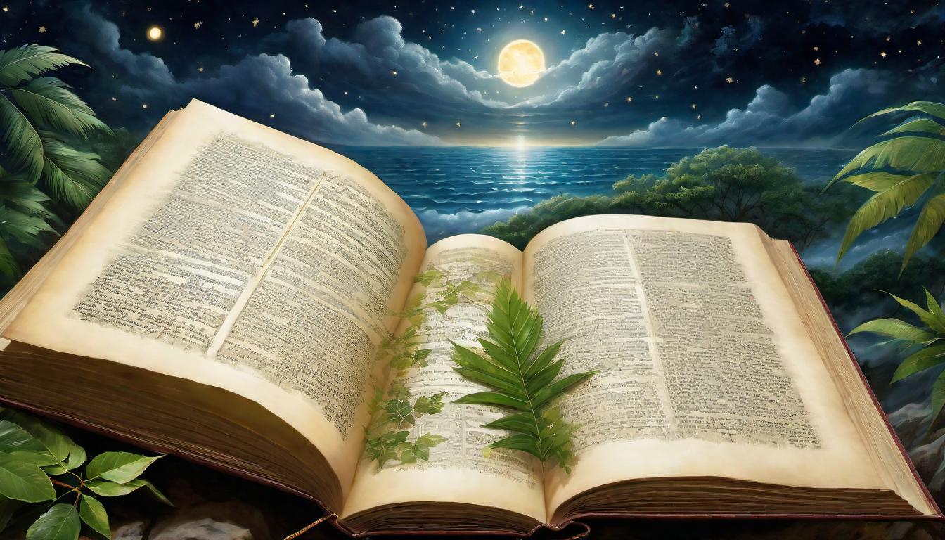  digital painting of Ancient texts unfurled beneath a starlit sky, verses calling to the heart, parchment and ink framed by the night, the whisper of palm leaves, invitation to wonder, symbolic wisdom, the dialogue between heaven and earth, introspection and enlightenment looking at viewer, dynamic pose, (intricate details, masterpiece, best quality)