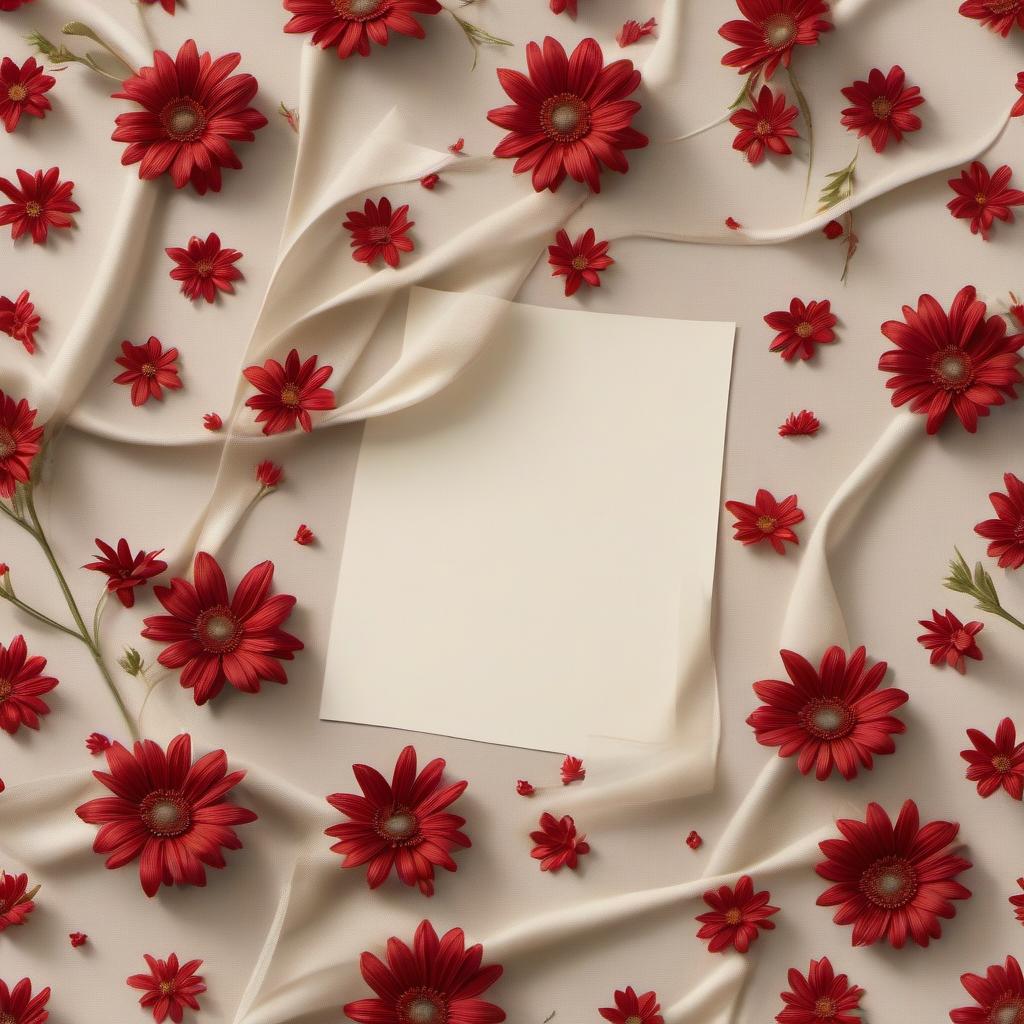  concept art Beige fabric with red daisies intertwined with a Georgian ribbon in the middle of the table lies a smooth piece of paper without any text. . digital artwork, illustrative, painterly, matte painting, highly detailed hyperrealistic, full body, detailed clothing, highly detailed, cinematic lighting, stunningly beautiful, intricate, sharp focus, f/1. 8, 85mm, (centered image composition), (professionally color graded), ((bright soft diffused light)), volumetric fog, trending on instagram, trending on tumblr, HDR 4K, 8K