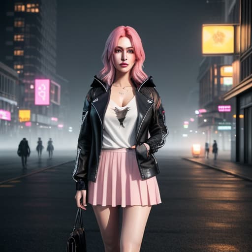  Young female, beautiful face(half-devil, broken_face), wearing white t-shirt(covered by black jacket), deep-v_t-shirt, short skirt(transparent, pink) shows thigh and knee, realistic, masterpiece,4k, downtown background hyperrealistic, full body, detailed clothing, highly detailed, cinematic lighting, stunningly beautiful, intricate, sharp focus, f/1. 8, 85mm, (centered image composition), (professionally color graded), ((bright soft diffused light)), volumetric fog, trending on instagram, trending on tumblr, HDR 4K, 8K