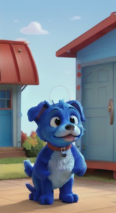  {Max the big blue dog standing in front of a cozy little house with a red door, The big blue dog is large with sky blue fur, big round eyes, a black nose, and floppy ears.