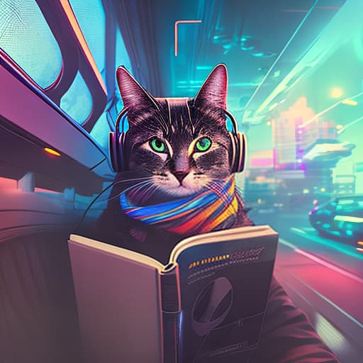 nvinkpunk Realistic image of a cat wearing headphones and reading glasses while riding a bus. hyperrealistic, full body, detailed clothing, highly detailed, cinematic lighting, stunningly beautiful, intricate, sharp focus, f/1. 8, 85mm, (centered image composition), (professionally color graded), ((bright soft diffused light)), volumetric fog, trending on instagram, trending on tumblr, HDR 4K, 8K