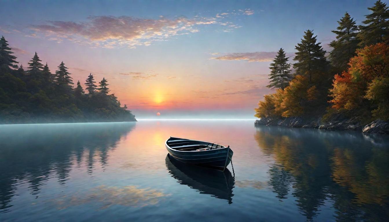  （surrealism)sunrise over tranquil waters, boat gently drifting, colors of dawn reflecting on the water's surface, sense of renewal, peaceful horizons mystic, intricate details, best quality)