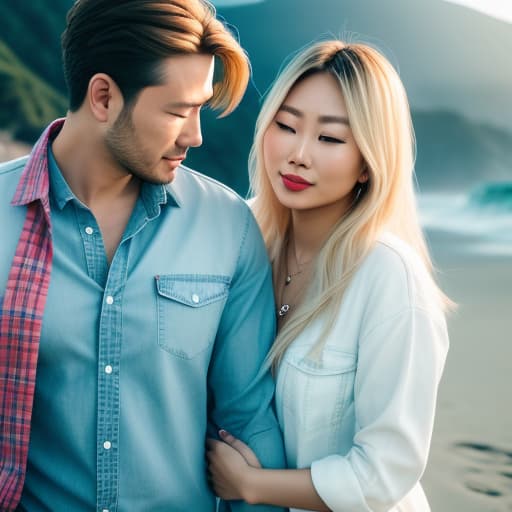  (Blond man), (Asian woman), holding hands, love, blue jeans, red shirts, beach, palm hyperrealistic, full body, detailed clothing, highly detailed, cinematic lighting, stunningly beautiful, intricate, sharp focus, f/1. 8, 85mm, (centered image composition), (professionally color graded), ((bright soft diffused light)), volumetric fog, trending on instagram, trending on tumblr, HDR 4K, 8K