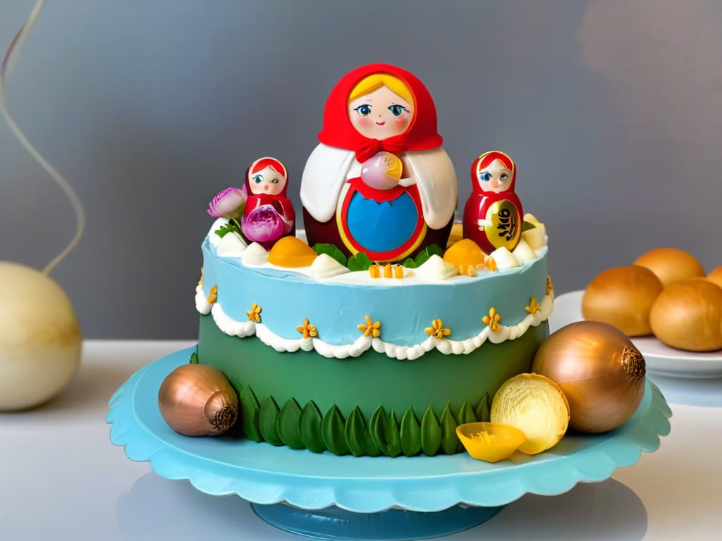  A detailed closeup image of a delicate, intricately decorated cake showcasing traditional Russian motifs such as Matryoshka dolls and onion domes, set against a modern, sleek backdrop to symbolize the fusion of Russian revolution history with contemporary pastry artistry. The cake should be adorned with vibrant colors and meticulous piping work, creating a striking visual representation of the relationship between the Russian Revolution and modern pastry making. hyperrealistic, full body, detailed clothing, highly detailed, cinematic lighting, stunningly beautiful, intricate, sharp focus, f/1. 8, 85mm, (centered image composition), (professionally color graded), ((bright soft diffused light)), volumetric fog, trending on instagram, trending on tumblr, HDR 4K, 8K