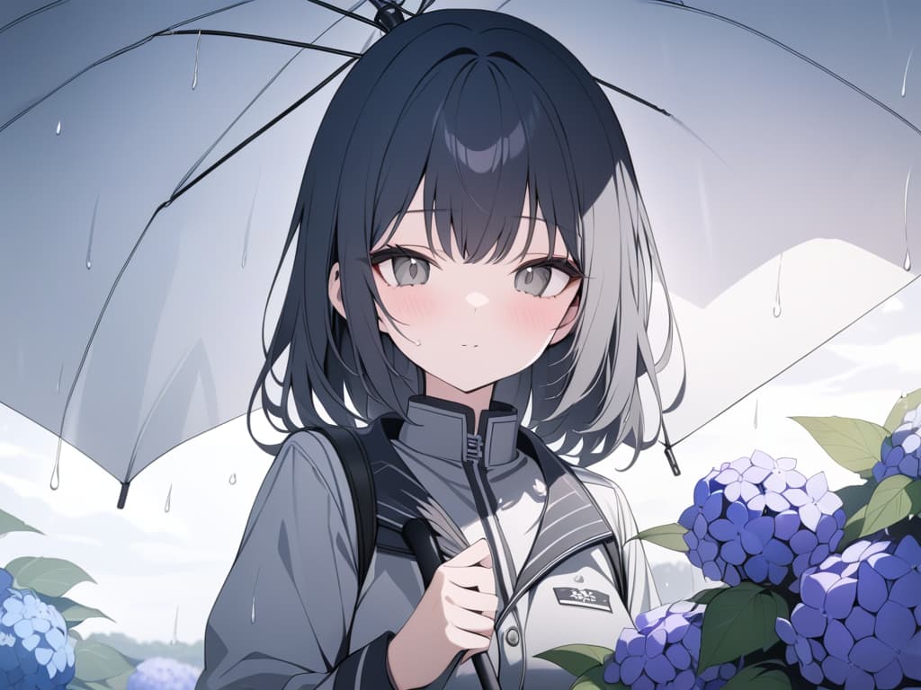  (One girl with a transparent umbrella),(long black hair,gray eyes,uniform) ((Hydrangea,cloudy sky,rain)),(dark tone,low saturation tone,) 4k,best quality,ultra detailed,, masterpiece, best quality,8k,ultra detailed,high resolution,an extremely delicate and beautiful,hyper detail