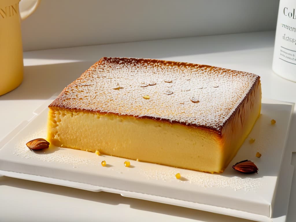  An ultradetailed closeup image of a freshly baked basbousa, a traditional Middle Eastern semolina cake soaked in syrup, garnished with almond slices and a sprinkle of powdered sugar, resting on a delicate white porcelain plate with intricate golden trim. The cake's texture appears moist and crumbly, with a goldenbrown crust that hints at the syrupy sweetness within. Light reflects off the glistening syrup, highlighting the intricate diamondshaped cuts on the surface of the basbousa, creating a visually captivating and mouthwatering minimalistic composition. hyperrealistic, full body, detailed clothing, highly detailed, cinematic lighting, stunningly beautiful, intricate, sharp focus, f/1. 8, 85mm, (centered image composition), (professionally color graded), ((bright soft diffused light)), volumetric fog, trending on instagram, trending on tumblr, HDR 4K, 8K