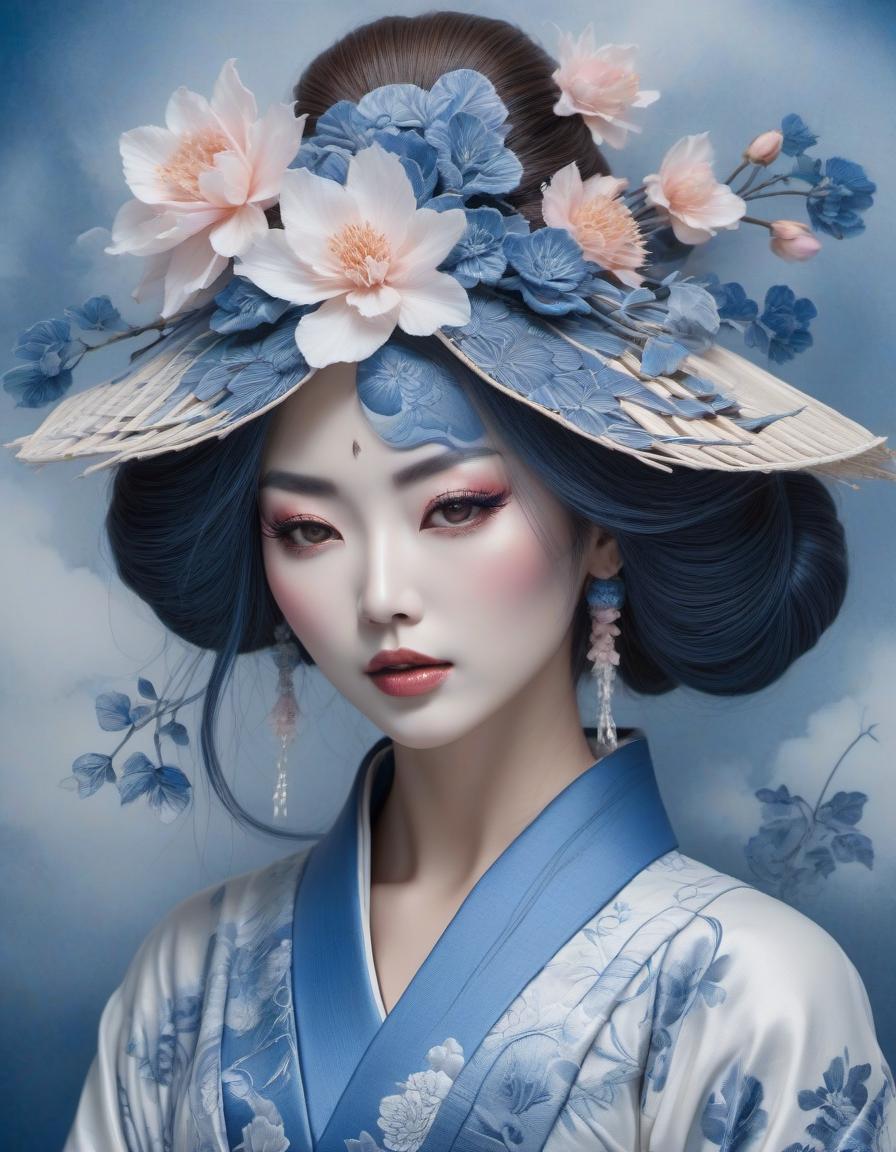  A beautiful Japanese weeping geisha with a tear falling from her eye, with a lot of hair, blue lips, complicated clothing, ethereal 3D embossed cyanotype portrait, by Anne Stokes, Zentangle, whimsical, intricately detailed, delft blue and white and a hint of ginger brown and light pink colours hyperrealistic, full body, detailed clothing, highly detailed, cinematic lighting, stunningly beautiful, intricate, sharp focus, f/1. 8, 85mm, (centered image composition), (professionally color graded), ((bright soft diffused light)), volumetric fog, trending on instagram, trending on tumblr, HDR 4K, 8K