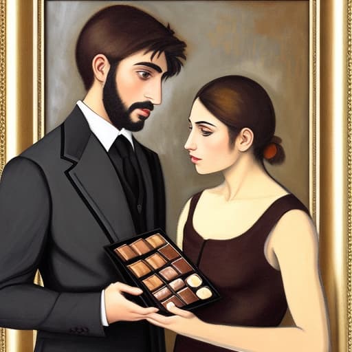  Attractive Beautiful young modern Italian couple dressed in modern designer attire looking. Foreground is plates of fine dark chocolates. Background expensive Italian restaurant . Painting style of Edgar Degas