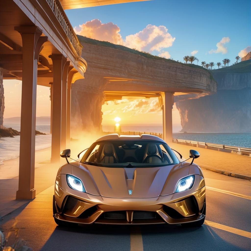  ethereal fantasy concept art of hyper realistic, 2020 Koenigsegg Regera, golden hour, epic sunrise, intricate details, winding seaside road, golden clouds, dramatic lighting, perfect composition, , 4k. magnificent, celestial, ethereal, painterly, epic, majestic, magical, fantasy art, cover art, dreamy