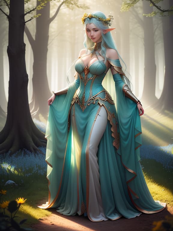  Elven in full length, Translucent turquoise dress, deep neckline, big id, turquoise smiling eyes looking at me, front view, she lifts her dress with her hands so that her are visible, in the golden hour before sunset, an oak grove in the center of which is a picturesque clearing, tall gr in the clearing, yellow dandelions and purple bluebells are scattered randomly in small cers, hight detailed, 4k, Costumes and props, Knolling, Knolling layout, Deconstruction, Highly detailed, Depth, Many parts, Lumen render, 8k hyperrealistic, full body, detailed clothing, highly detailed, cinematic lighting, stunningly beautiful, intricate, sharp focus, f/1. 8, 85mm, (centered image composition), (professionally color graded), ((bright soft diffused light)), volumetric fog, trending on instagram, trending on tumblr, HDR 4K, 8K