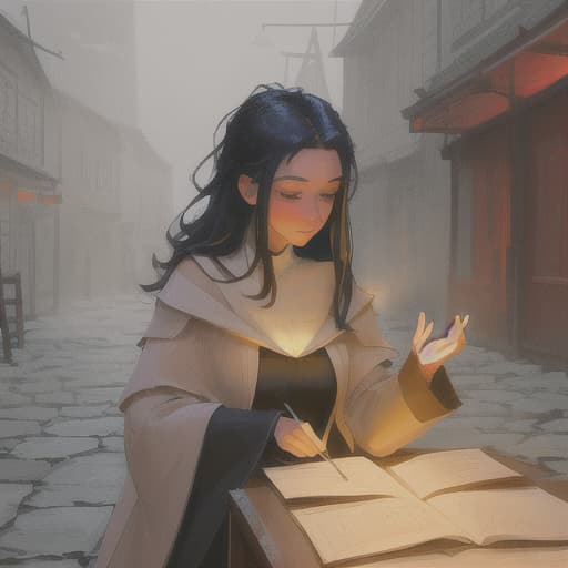  In the soft glow of dusk, a cobblestone square in a medieval village becomes a stage for a moment of quiet wonder and intricate human stories. At the center, a young woman with hair as dark as raven feathers leans over a parchment, her hands stained with ink, as she captures the essence of the evening with words that flow like music. She's not just a scribe but a poet, finding magic in the mundane, her eyes alight with the spark of creativity and dreams.  hyperrealistic, full body, detailed clothing, highly detailed, cinematic lighting, stunningly beautiful, intricate, sharp focus, f/1. 8, 85mm, (centered image composition), (professionally color graded), ((bright soft diffused light)), volumetric fog, trending on instagram, trending on tumblr, HDR 4K, 8K