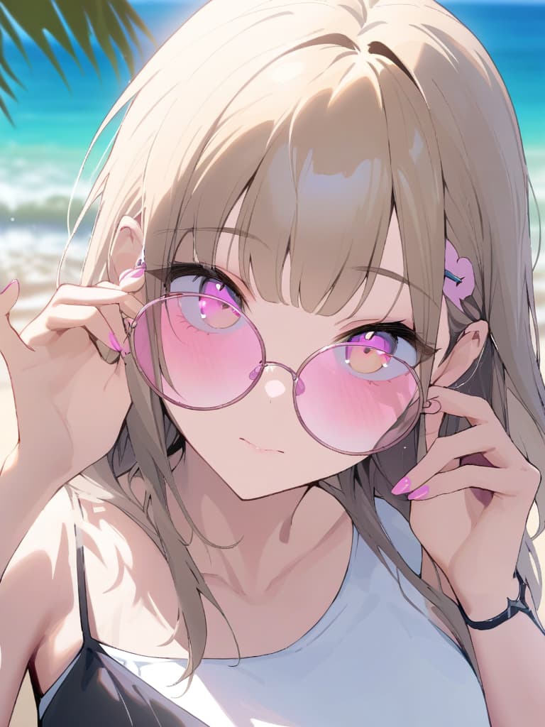  [sun light,sun flare,flare ghost,light particle],solo,girl,14yo,kawaii,clear face,dot mouth,yellow eyes,glossy eyes,glossy lip,light brown hair,straight hair,hair behind ear,long bangs,blunt bangs,eyes visible through hair,(sungles,pink tinted eyewear,round eyewear:1.5),(adjusting eyewear:1.5),(looking over eyewear:1.6),(looking at viewer,head down:1.3),(plaid :1.2),drop earrings,triangle earrings,ring,nailpolish,fingernails,pink nails,hairclip BREAK (incredibly absurdres:1.3),(highres:1.3),(texture:1.2),(contrast:1.5),(top quality,masterpiece:1.3),(shading:1.3),(sharpness:1.3),(sense of depth0.8),(face and hands only:1.5),(face close up:1.2) BREAK (blurry background:1.2),(outdoor,summer beach),, masterpiece, best quality,8k,ultra detailed,