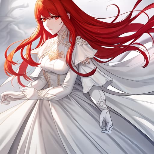  a girl manhua character with red hair and white eyes with white skin wearing noble dress hyperrealistic, full body, detailed clothing, highly detailed, cinematic lighting, stunningly beautiful, intricate, sharp focus, f/1. 8, 85mm, (centered image composition), (professionally color graded), ((bright soft diffused light)), volumetric fog, trending on instagram, trending on tumblr, HDR 4K, 8K